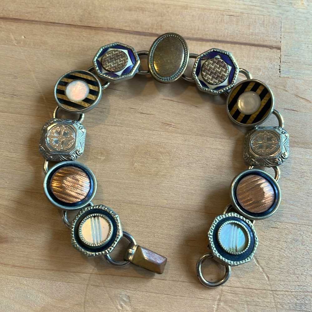 Copper black silver Vintage (80’s?) bracelet made from older enameled buttons